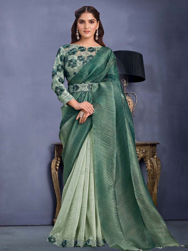 Shade Teal Banarasi Crush Silk Saree With Stitched Blouse